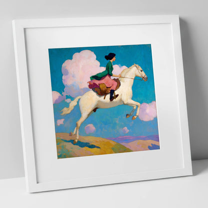 Skyward Bound show jumping horse art print in white frame