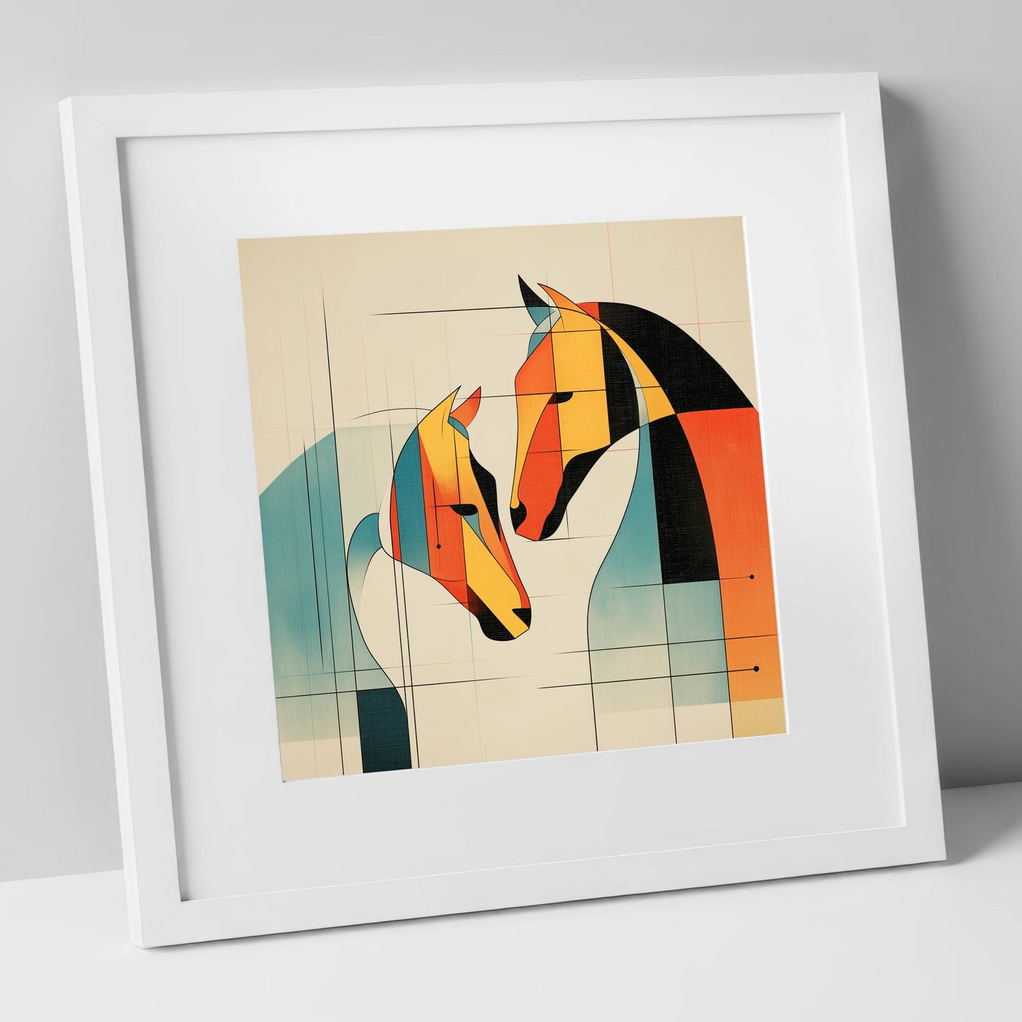 Geometric Equine Connection horse portrait art print in white frame