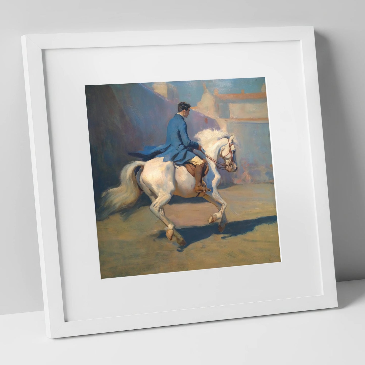 Grace in Blue and Grey dressage horse art print in white frame