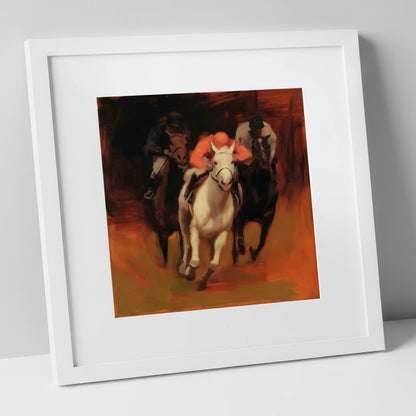 Breaking from the Pack racing horse art print in white frame