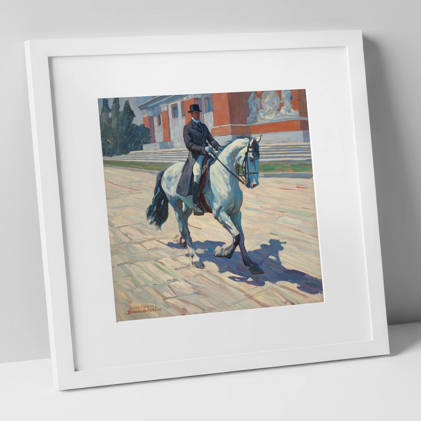 Sunlit Dressage Passage dressage horse art print in white frame