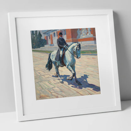 Sunlit Dressage Passage dressage horse art print in white frame