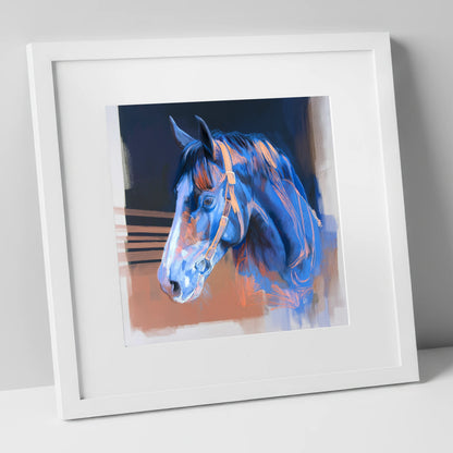 Serene Blue Profile horse portrait art print in white frame