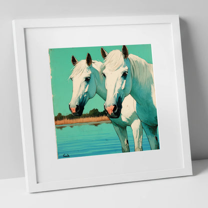 Companions in Teal Waters horse landscape art print in white frame