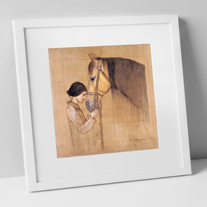 The Silent Bond horse & rider art print in white frame