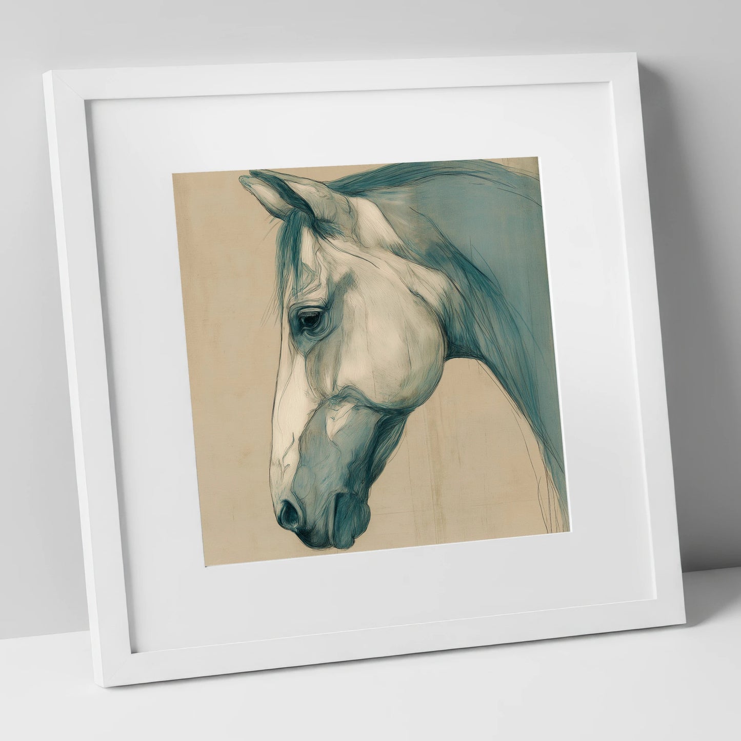 Teal Wash Portrait horse portrait art print in white frame