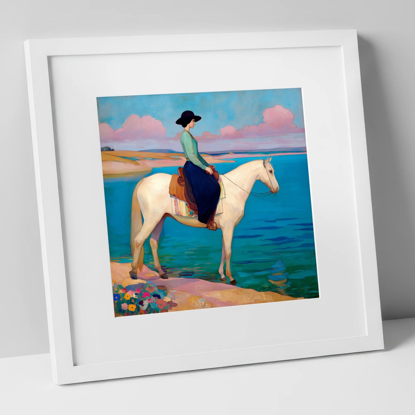 Coastal Reverie beach horse art print in white frame