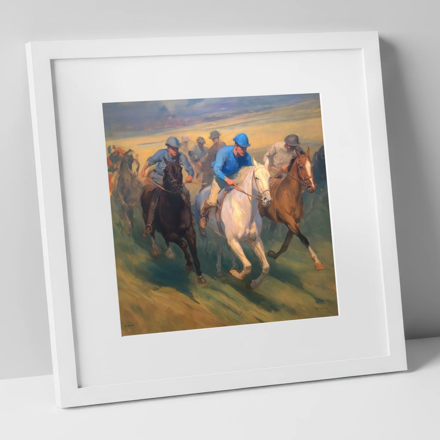 The Blue Silks racing horse art print in white frame