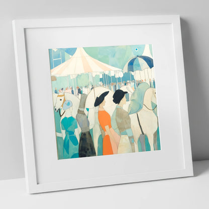 Trackside Elegance racing horse art print in white frame