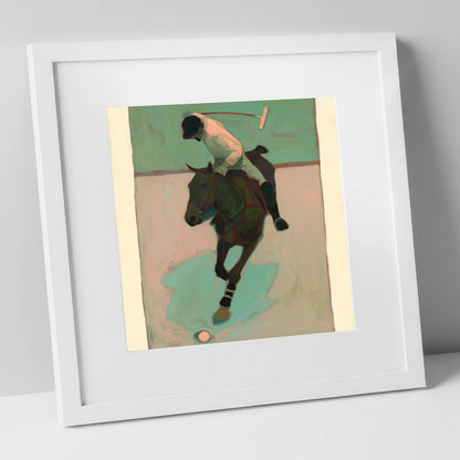 Turning on the Ball polo horse art print in white frame