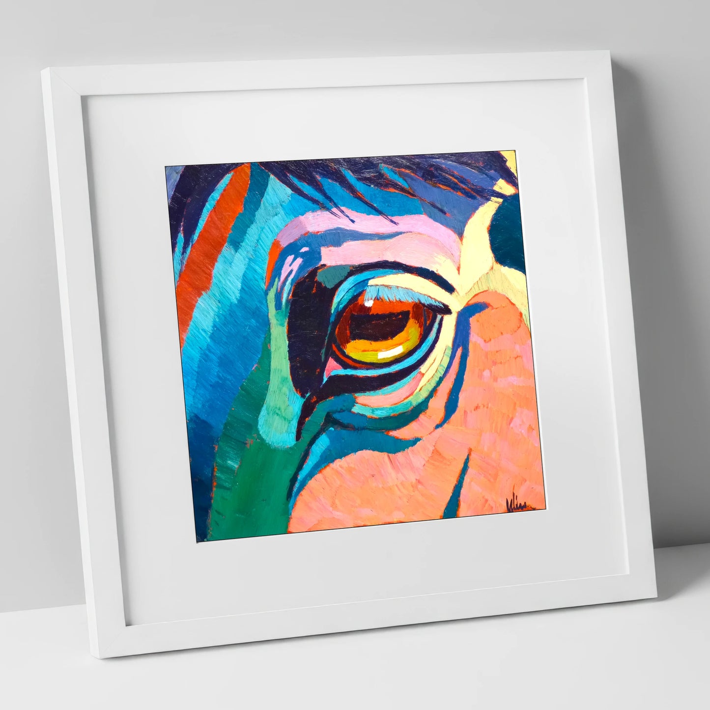 Vibrant Equine Gaze horse portrait art print in white frame