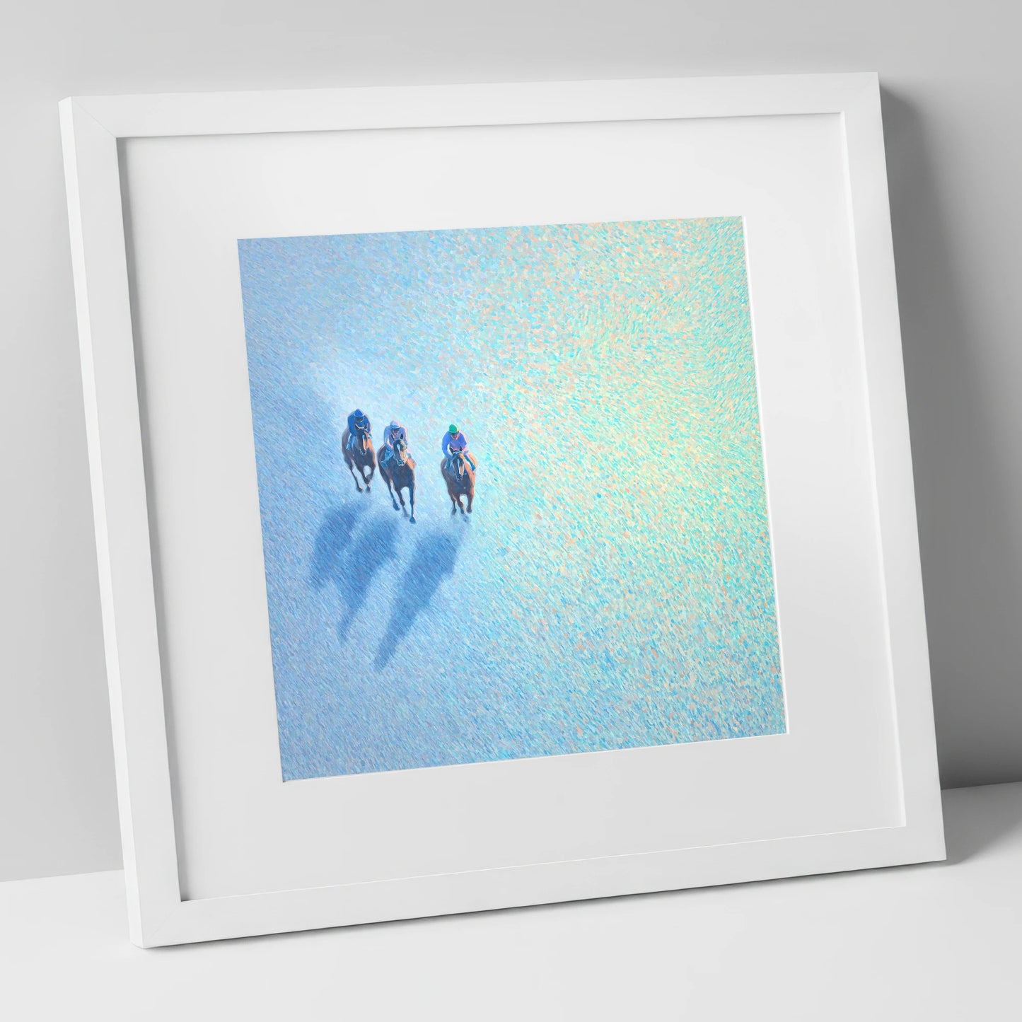 Luminous Morning Gallop racing horse art print in white frame