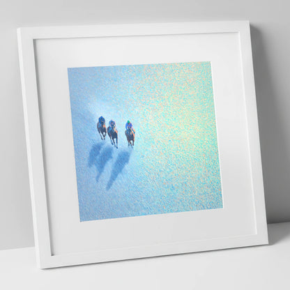 Luminous Morning Gallop racing horse art print in white frame