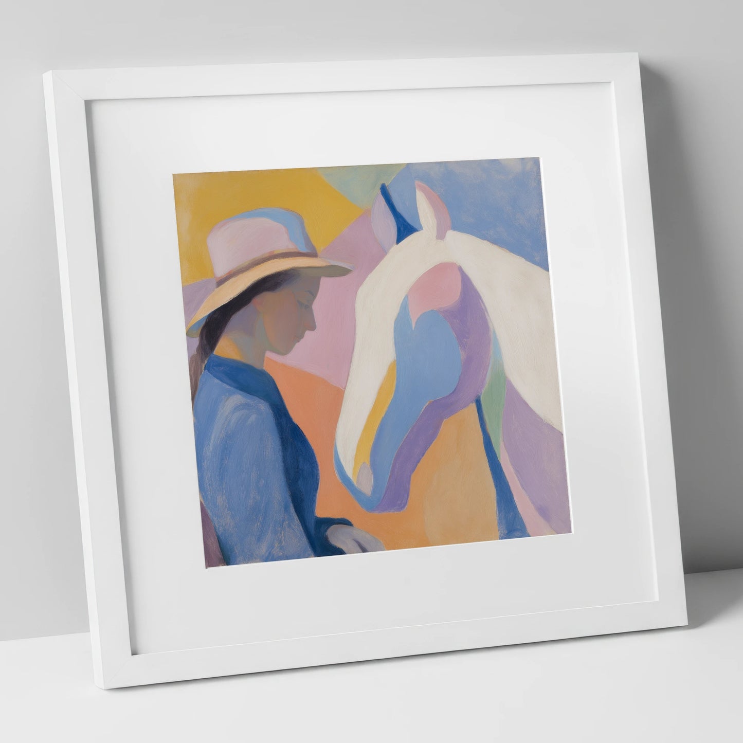 Quiet Harmony horse & rider art print in white frame