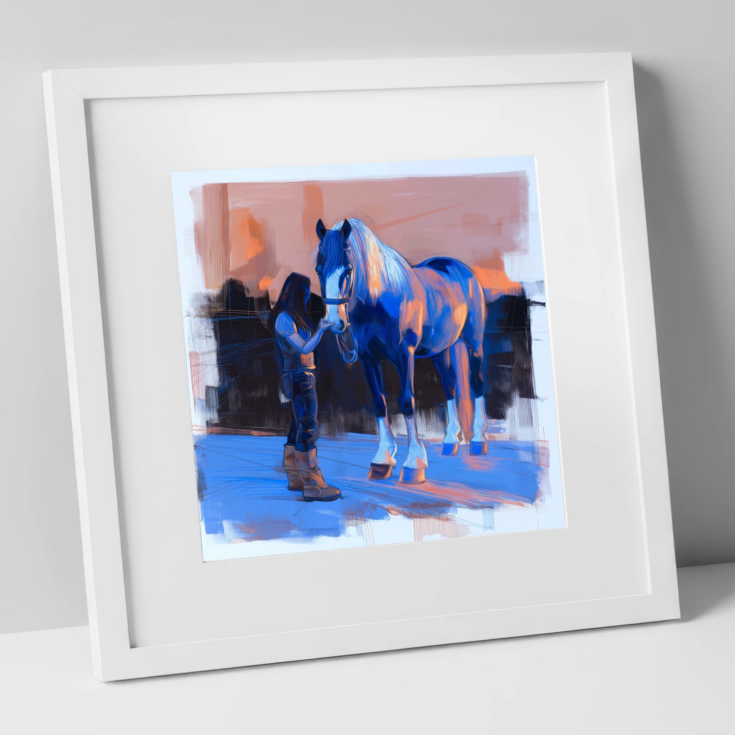 The Gentle Bond horse & rider art print in white frame