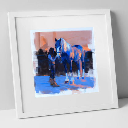 The Gentle Bond horse & rider art print in white frame