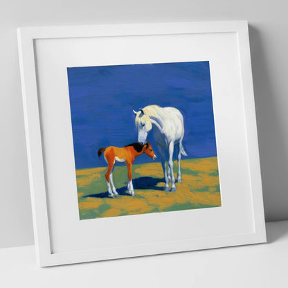 Sunlit Bond mare & foal art print in white frame