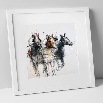 The Leading Pack racing horse art print in white frame