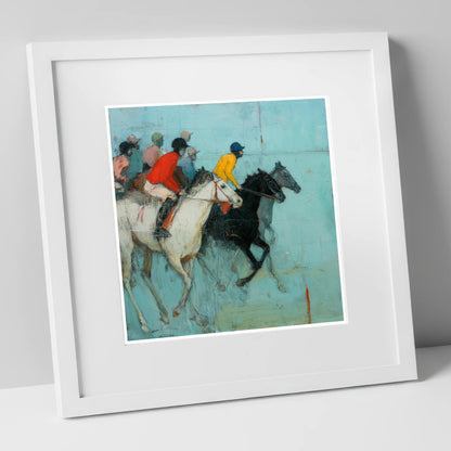 The Inside Rail racing horse art print in white frame