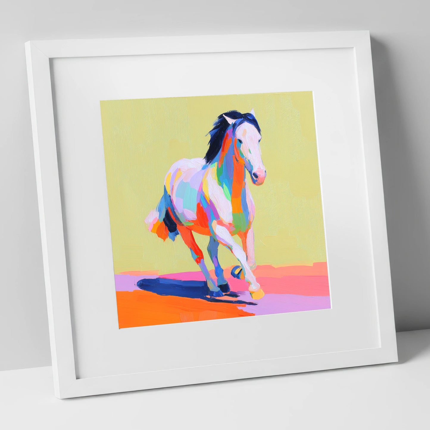 Technicolour Canter horse breed art print in white frame