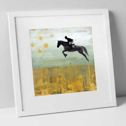 Gilded Flight show jumping horse art print in white frame