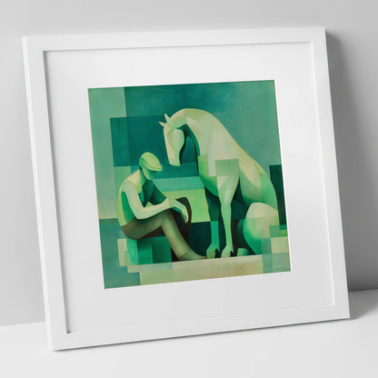 Silent Conversation horse & rider art print in white frame