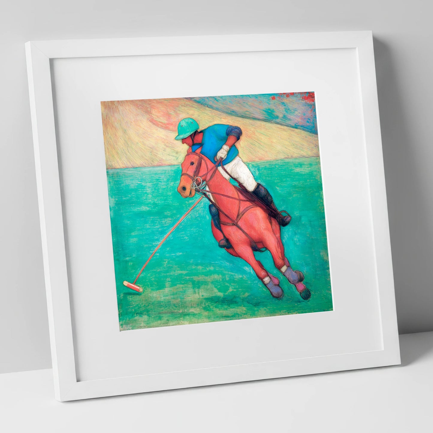 The Crimson Chukka polo horse art print in white frame