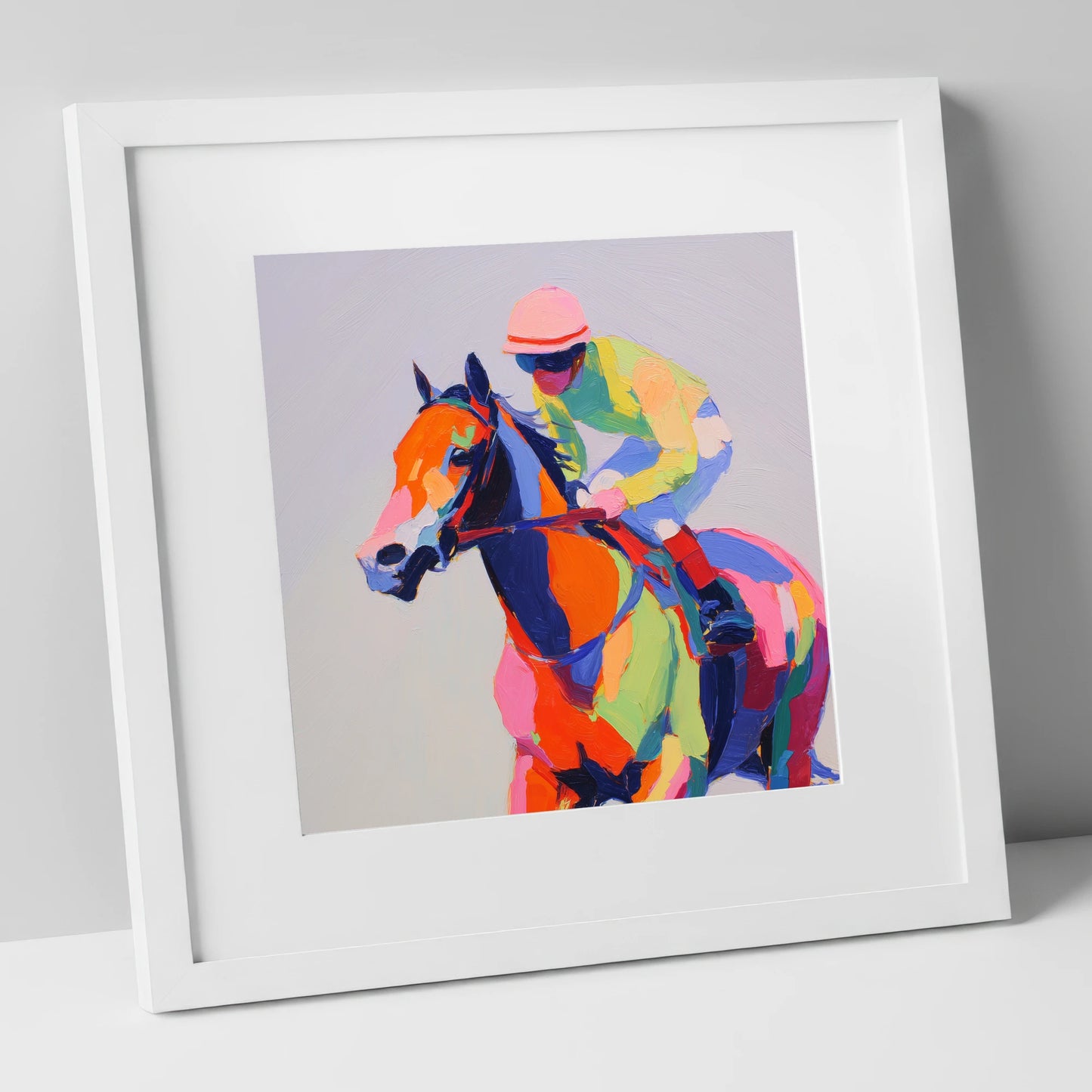 Technicolour Gallop racing horse art print in white frame