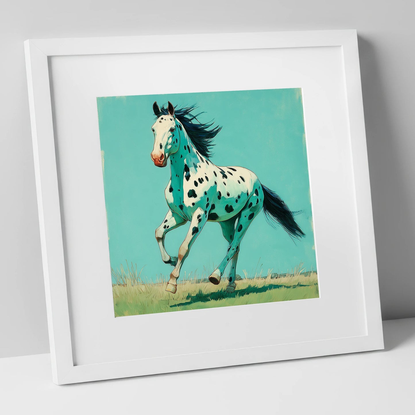 Teal Leopard Appaloosa horse breed art print in white frame