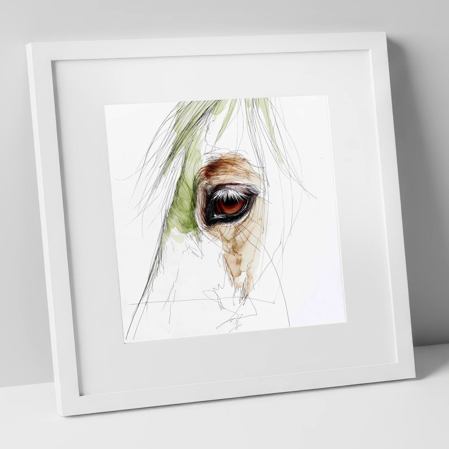 The Amber Gaze horse portrait art print in white frame