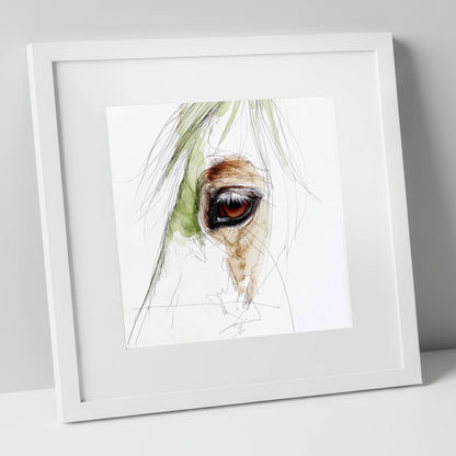 The Amber Gaze horse portrait art print in white frame
