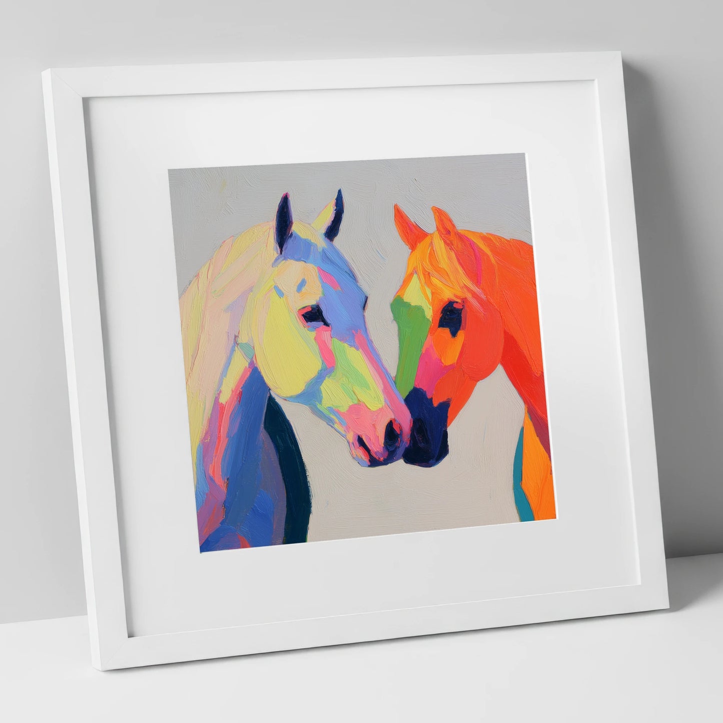 Technicolour Companions horse portrait art print in white frame