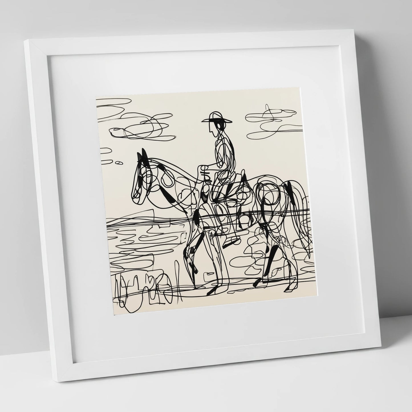Linear Beach Ride beach horse art print in white frame