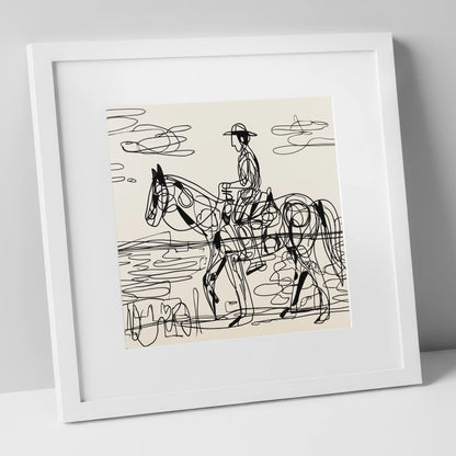 Linear Beach Ride beach horse art print in white frame