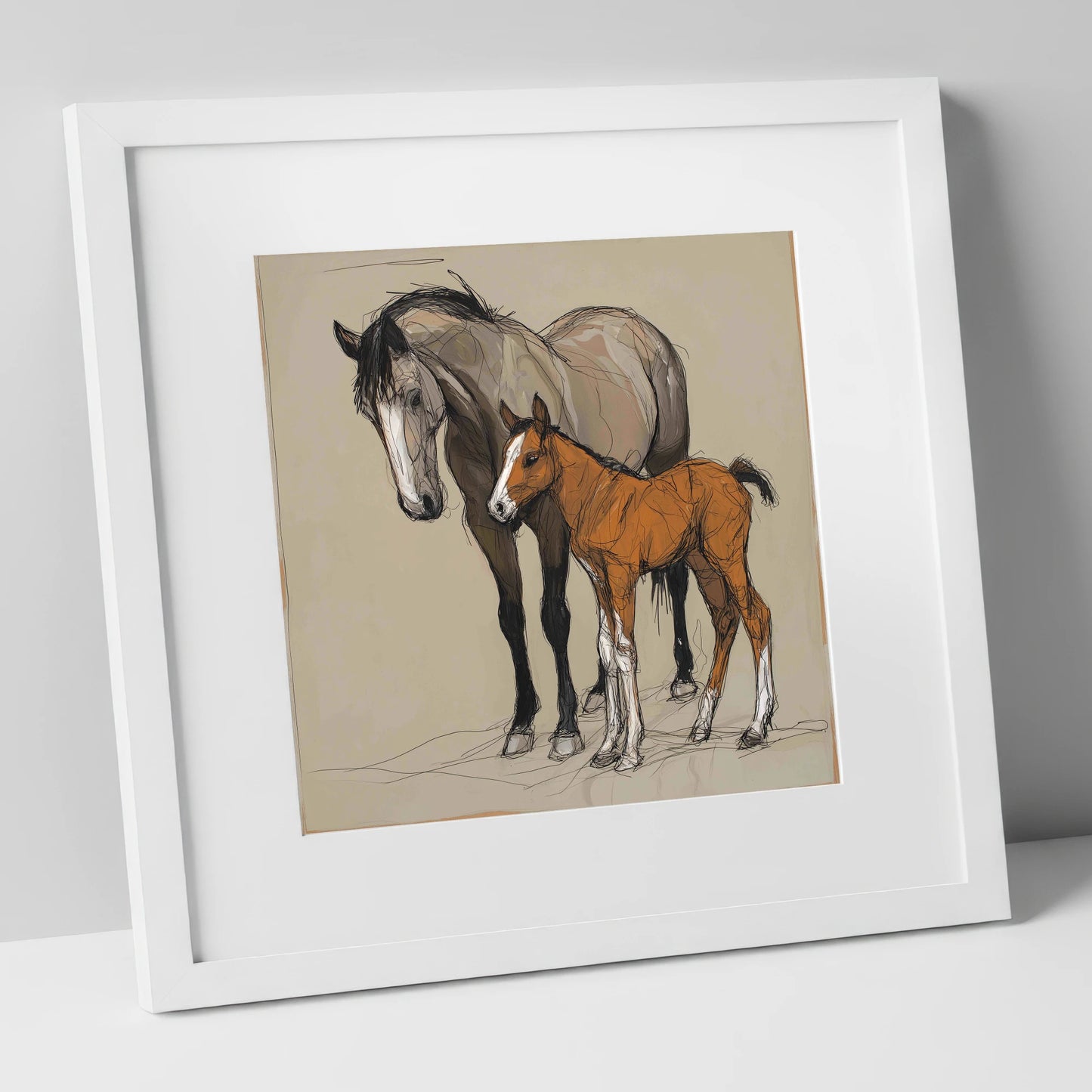 Gentle Guidance mare & foal art print in white frame