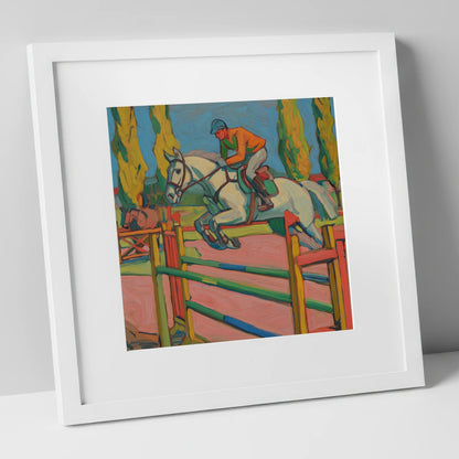 Vibrant Ascent show jumping horse art print in white frame