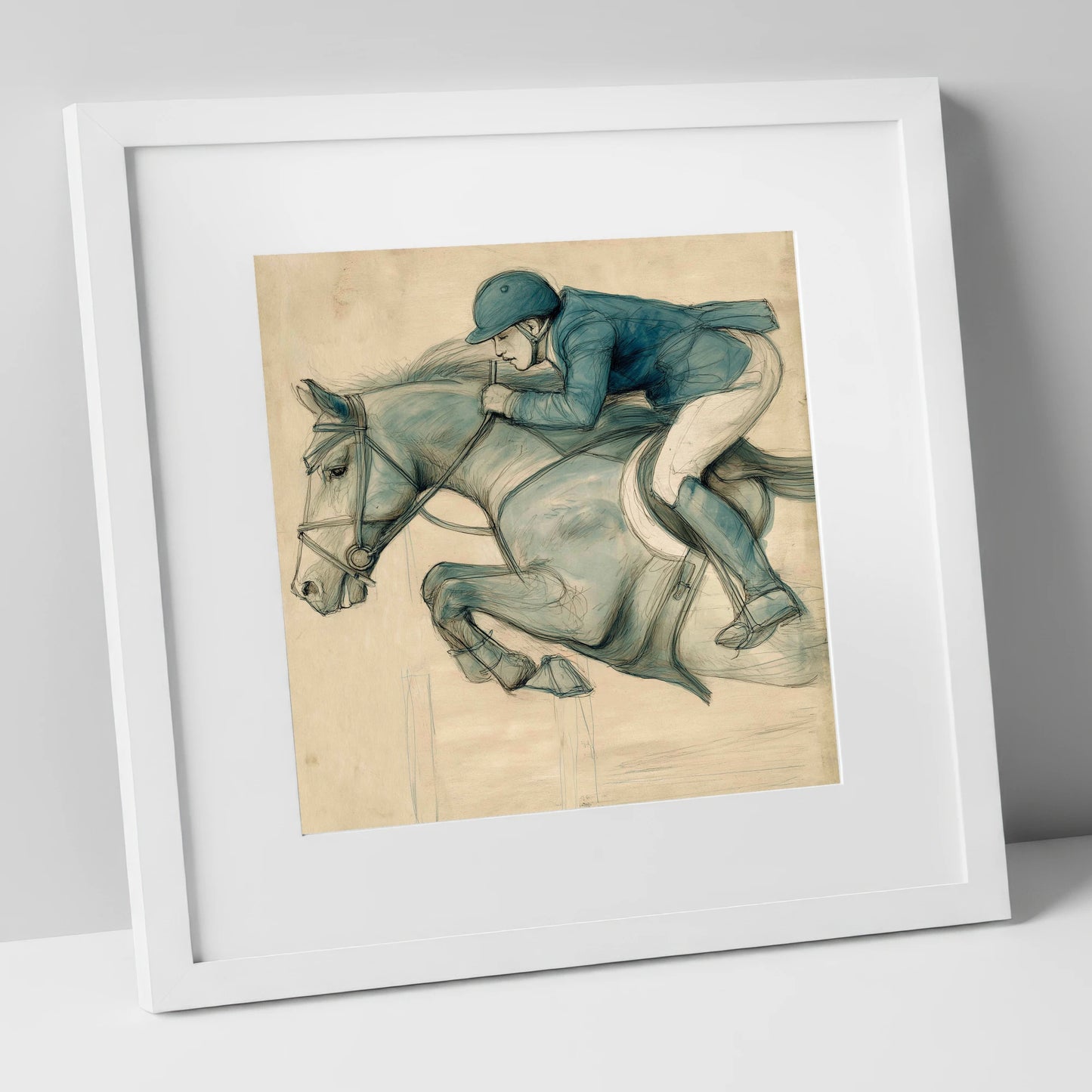 The Perfect Arc show jumping horse art print in white frame
