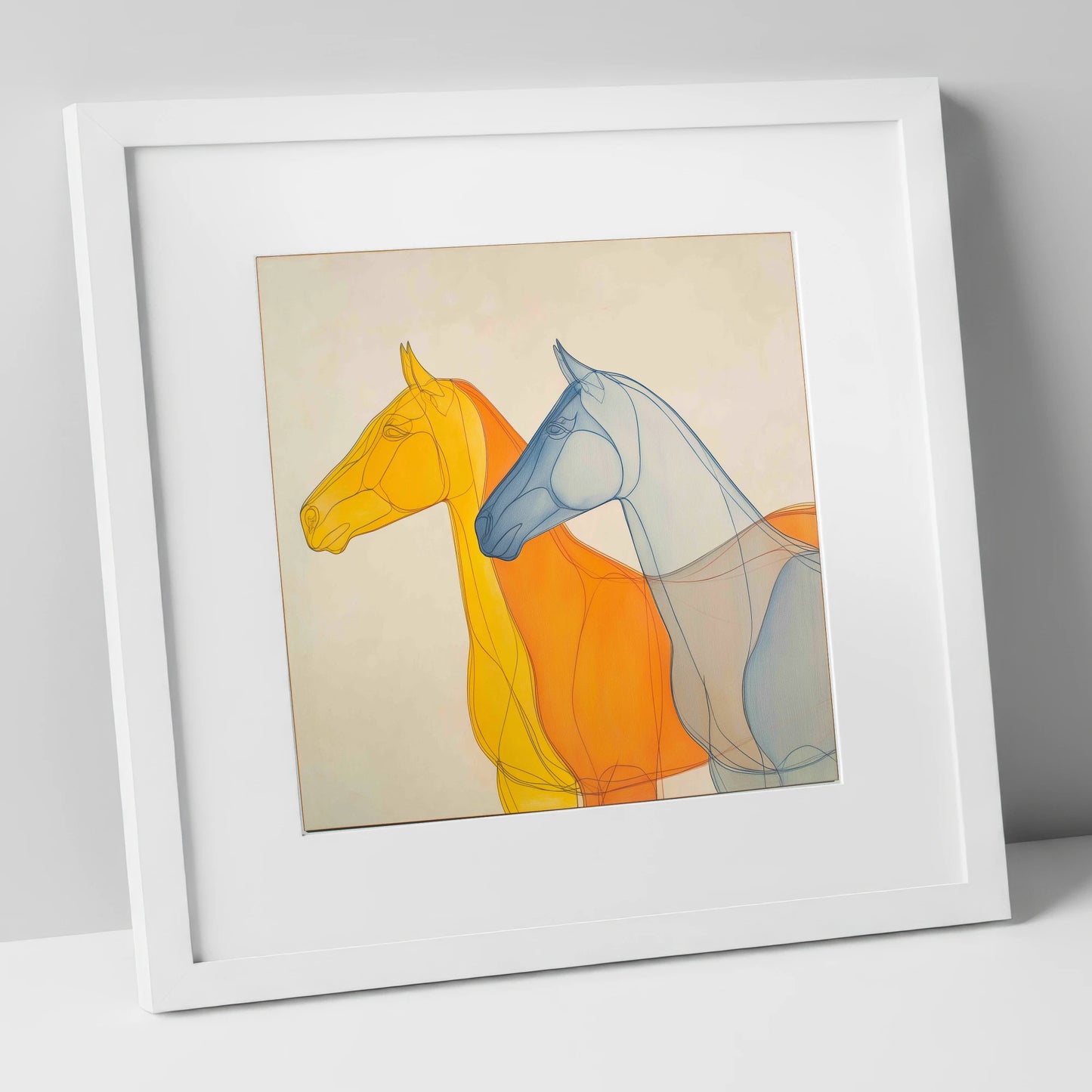 Synchronised Racing Profiles racing horse art print in white frame