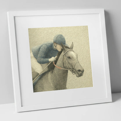 Focused Pursuit racing horse art print in white frame