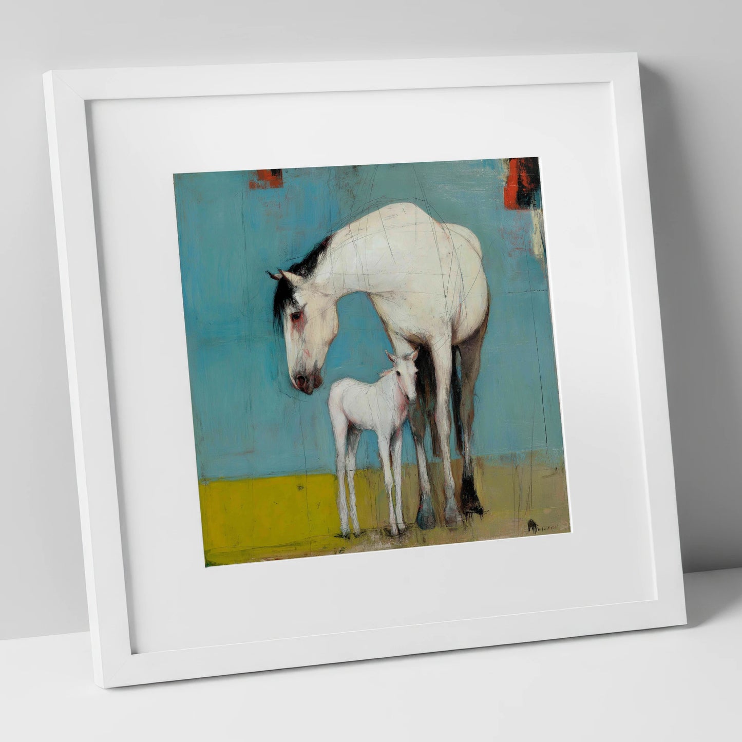 Quiet Bond in Teal mare & foal art print in white frame
