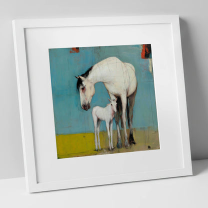 Quiet Bond in Teal mare & foal art print in white frame
