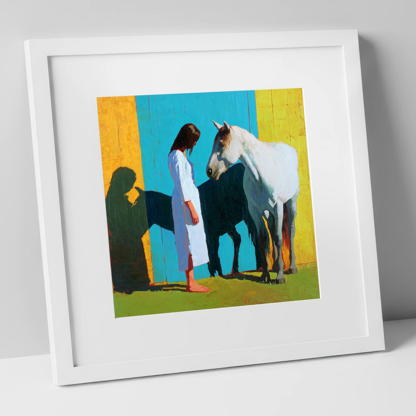 Sunlit Shadows horse & rider art print in white frame
