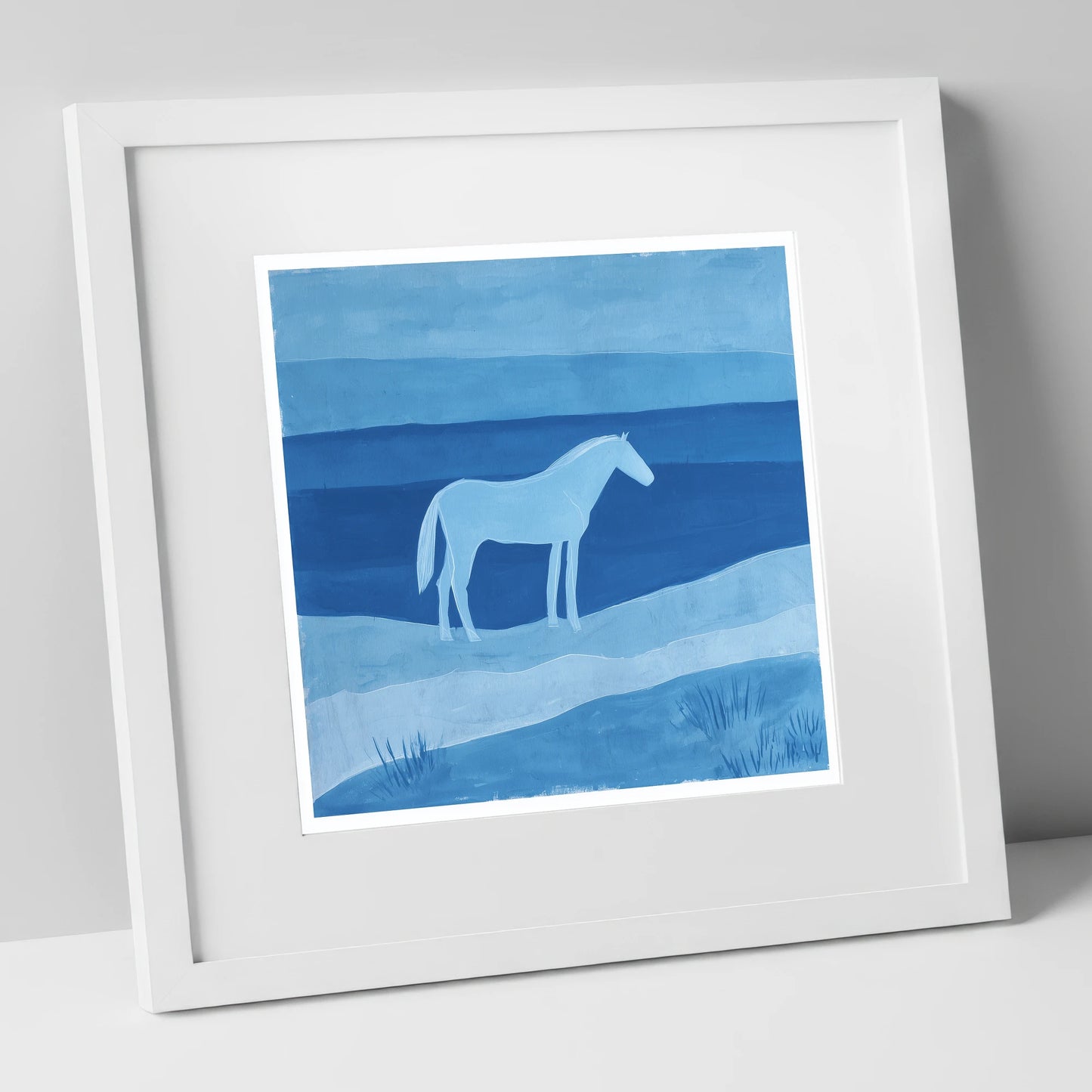 Cerulean Serenity horse landscape art print in white frame