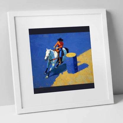 Blue Barrel Turn western horse art print in white frame