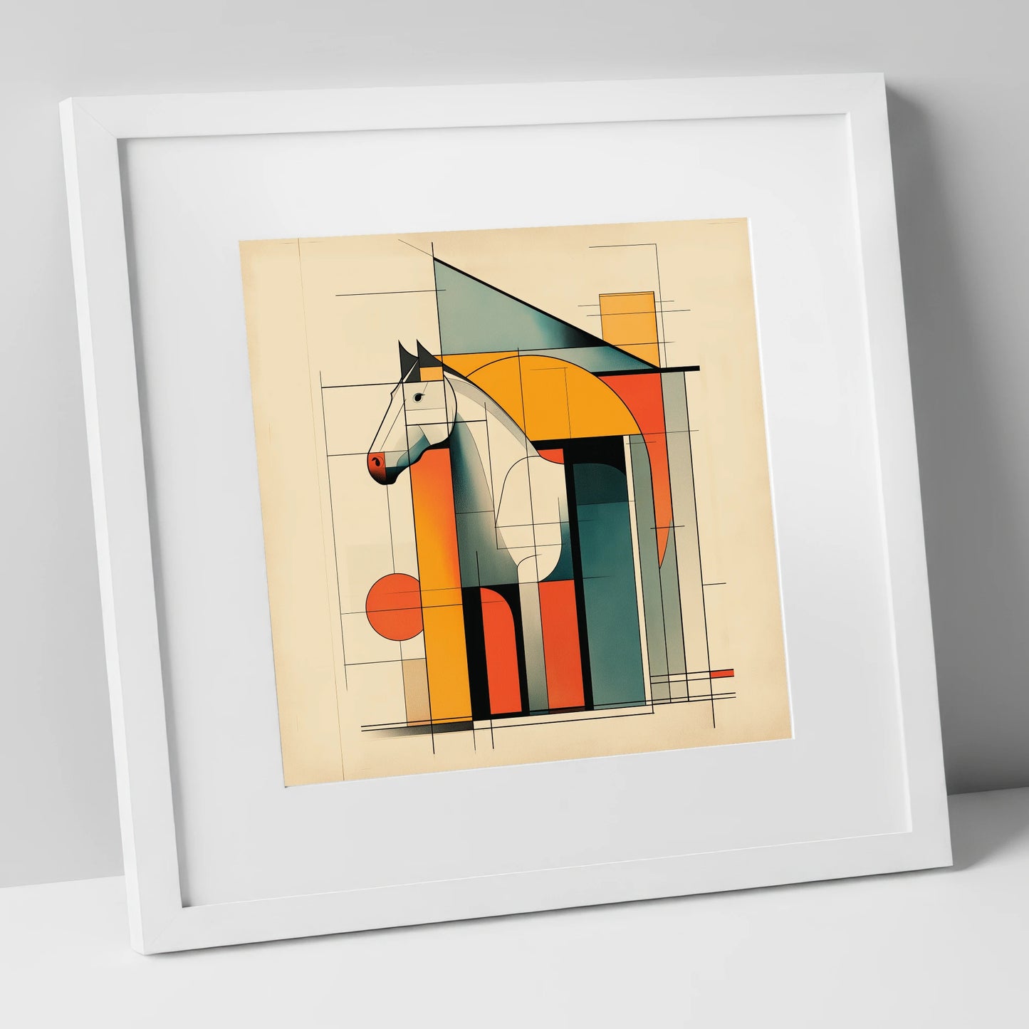 Structural Harmony horse stable art print in white frame