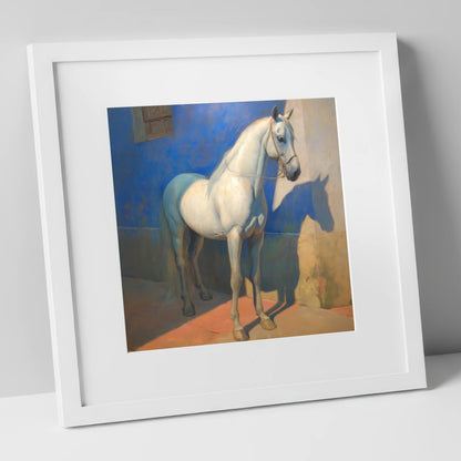 The Azure Courtyard horse breed art print in white frame