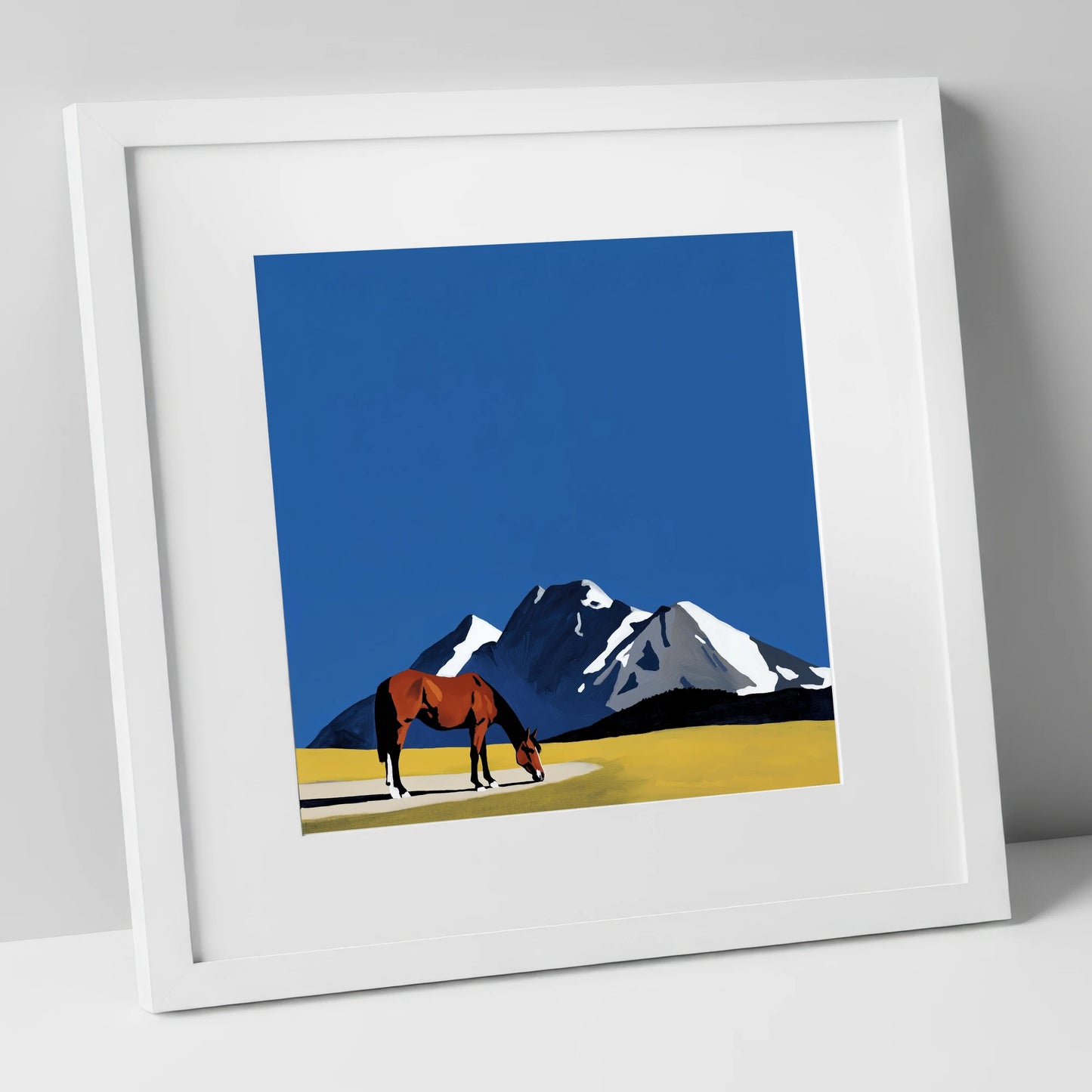 Majestic Mountain Grazing horse landscape art print in white frame