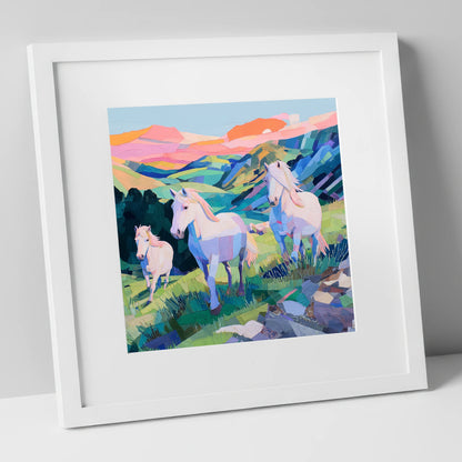 Vibrant Valley Herd horse landscape art print in white frame