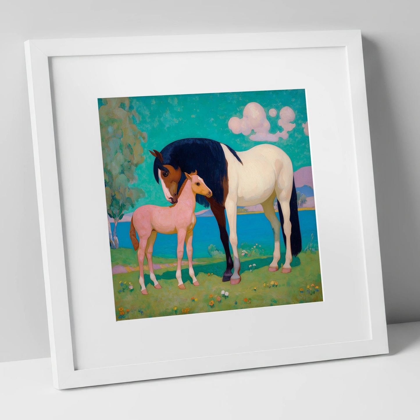 Dreamscape Mare and Foal mare & foal art print in white frame