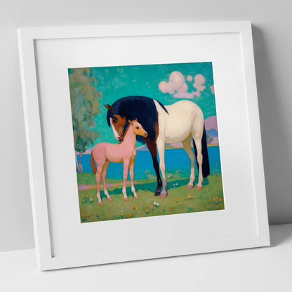 Dreamscape Mare and Foal mare & foal art print in white frame